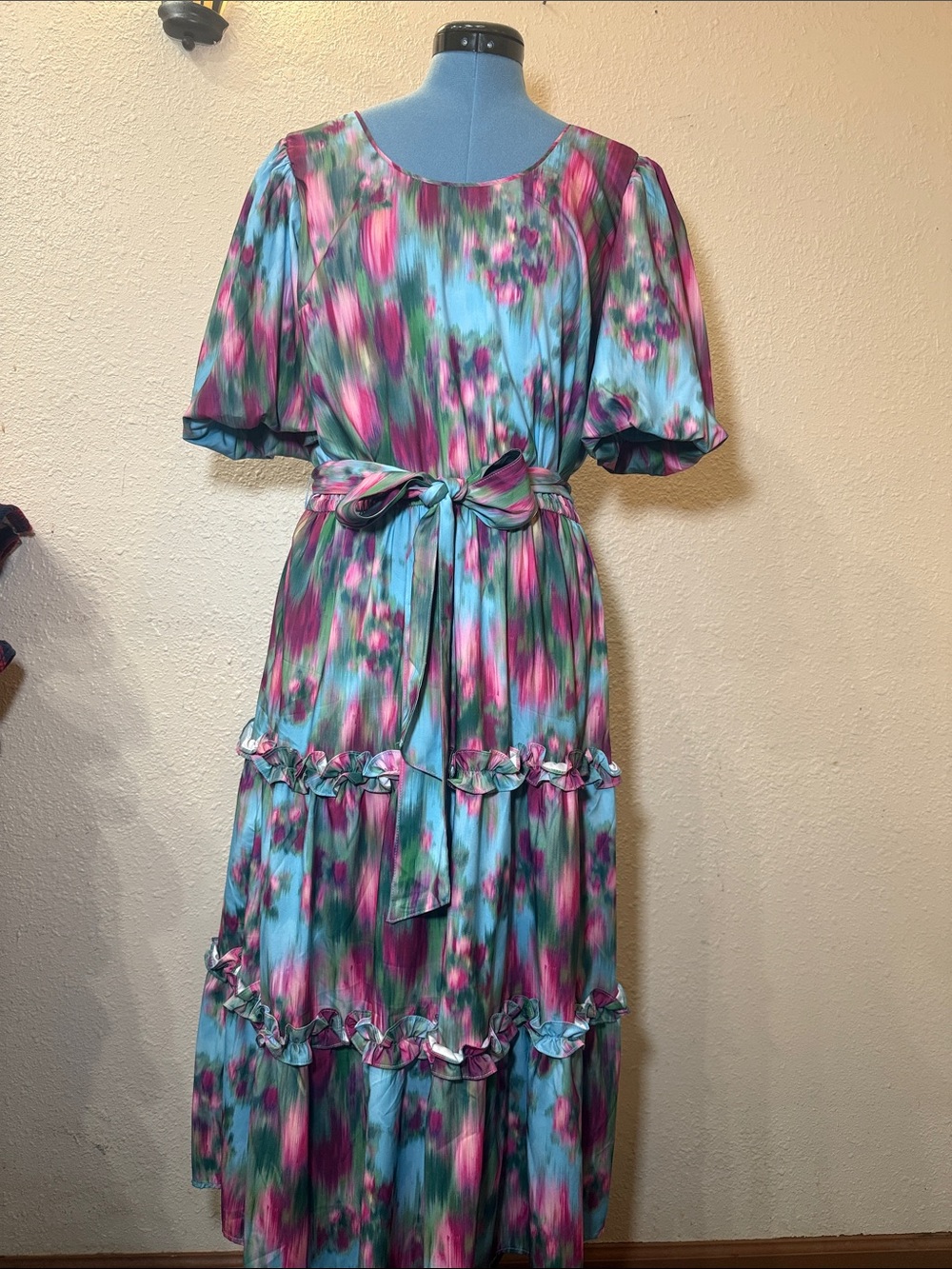Badgley Mischka Blue, Pink & Green Watercolor Ruffle Midi Dress